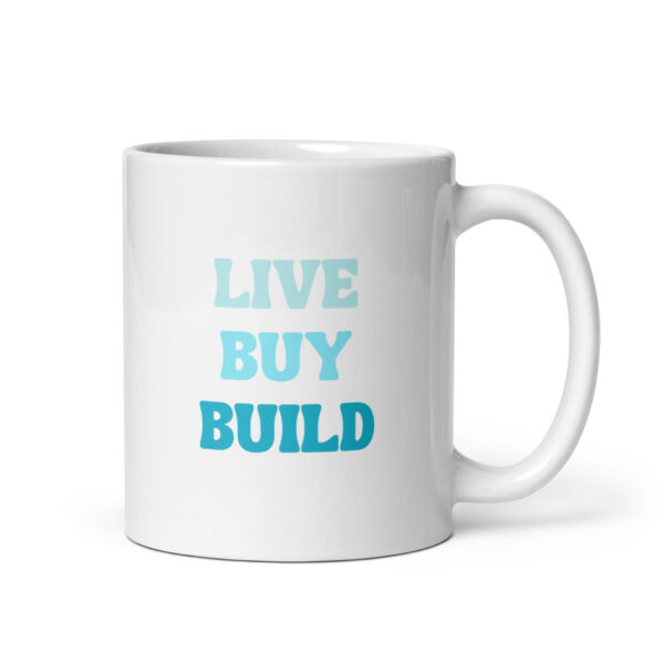 "Live, Buy, Build" White glossy mug